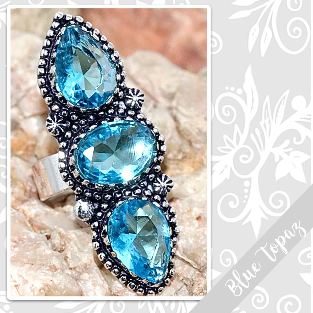 Blue Topaz Large Southwest-Style Silver Artisan Ring, 9 (Turquoise / Aqua Blue)